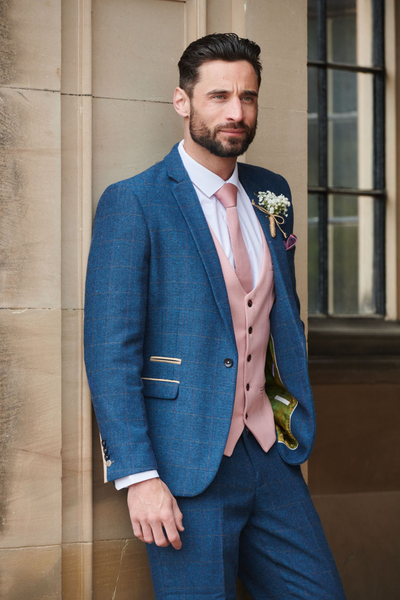DION Blue Tweed Check Suit With Kelvin Pink Waistcoat