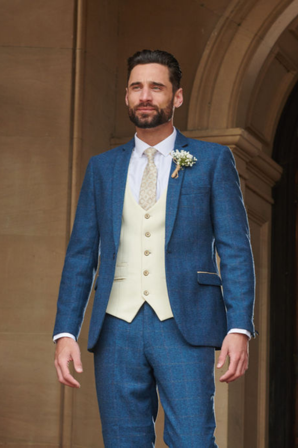 Blue Check Suit With Stone Waistcoat  Marc Darcy