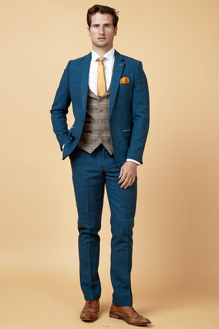DION - Blue Tweed Suit With Ray Tan Check Waistcoat