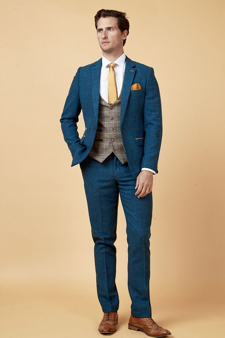 DION - Blue Tweed Suit With Ray Tan Check Waistcoat