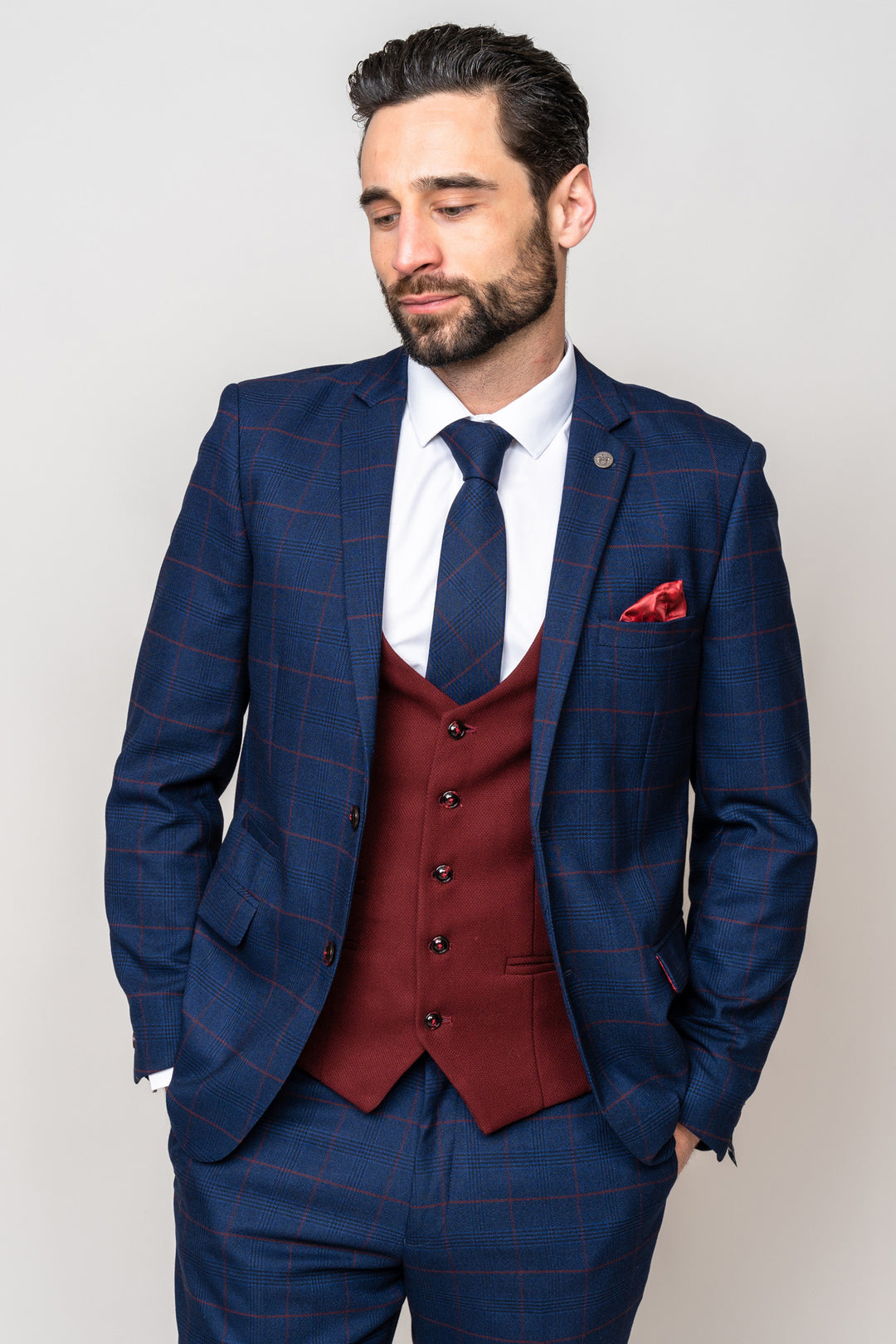 EDINSON - Navy Check Suit with Kelvin Wine Waistcoat