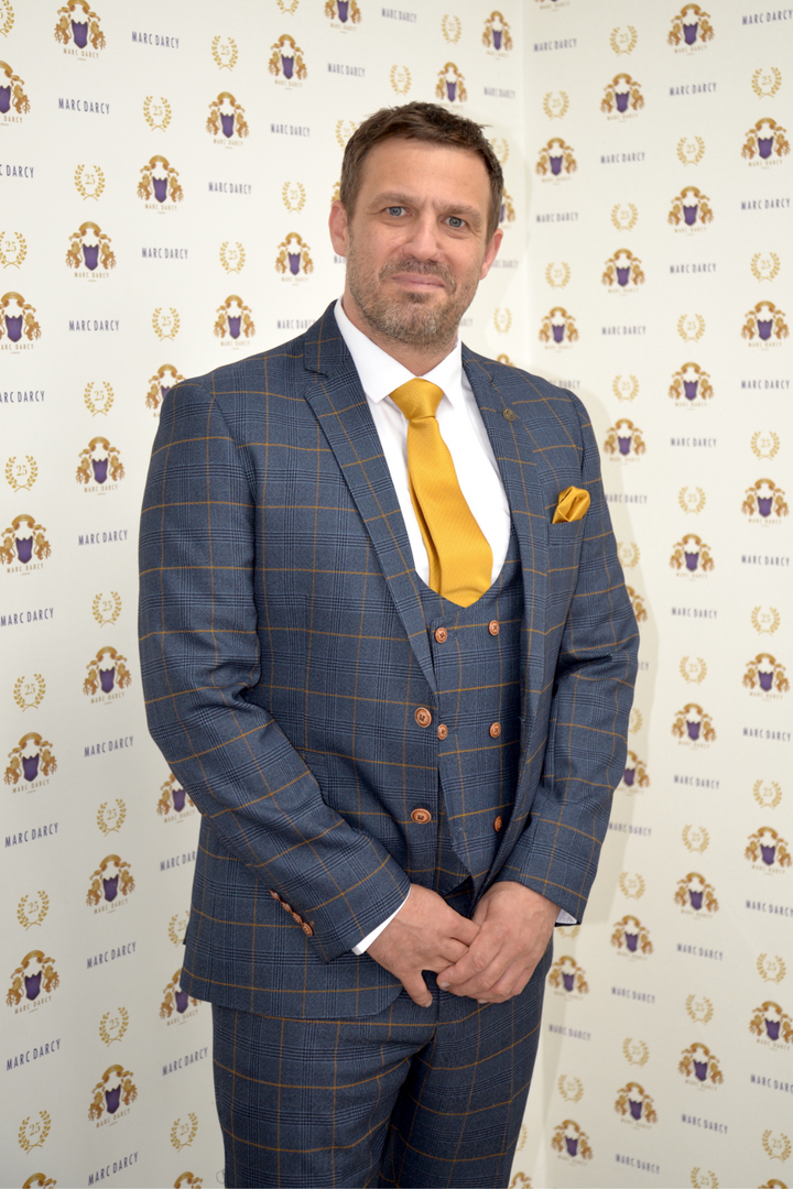 Actor Jamie Lomas in Jenson Marine Check Suit