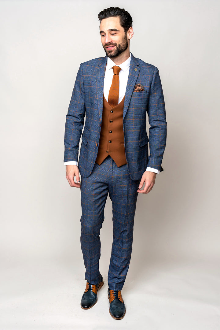 JENSON - Sky Blue Check Suit with Kelvin Tan Waistcoat