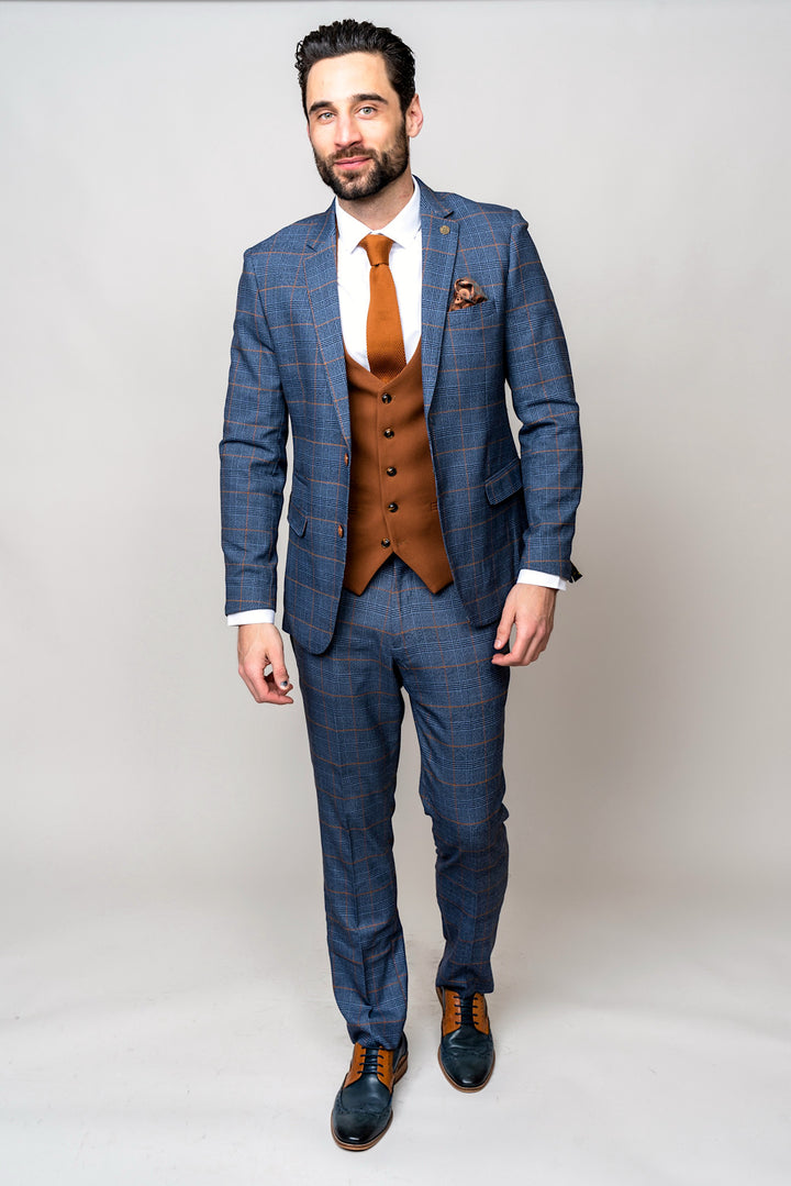 JENSON - Sky Blue Check Suit with Kelvin Tan Waistcoat