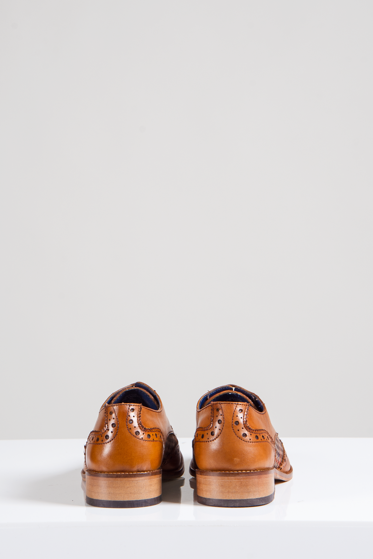 The Marc Darcy JACOB Tan Leather Tweed Contrast Brogue Shoes, shown from the back, rest on a white surface with a light gray background.