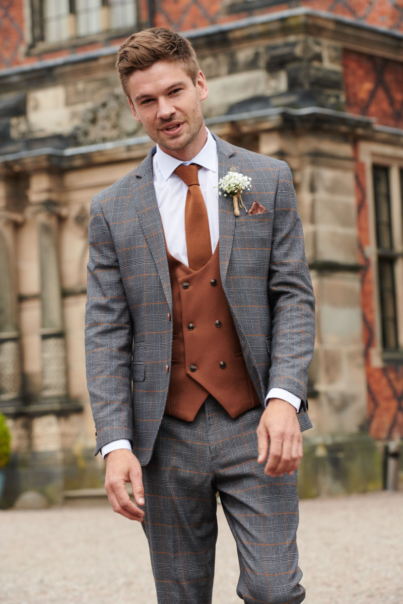 Jenson Grey Check Suit with Kelvin tan Double-Breasted Waistcoat – Marc ...