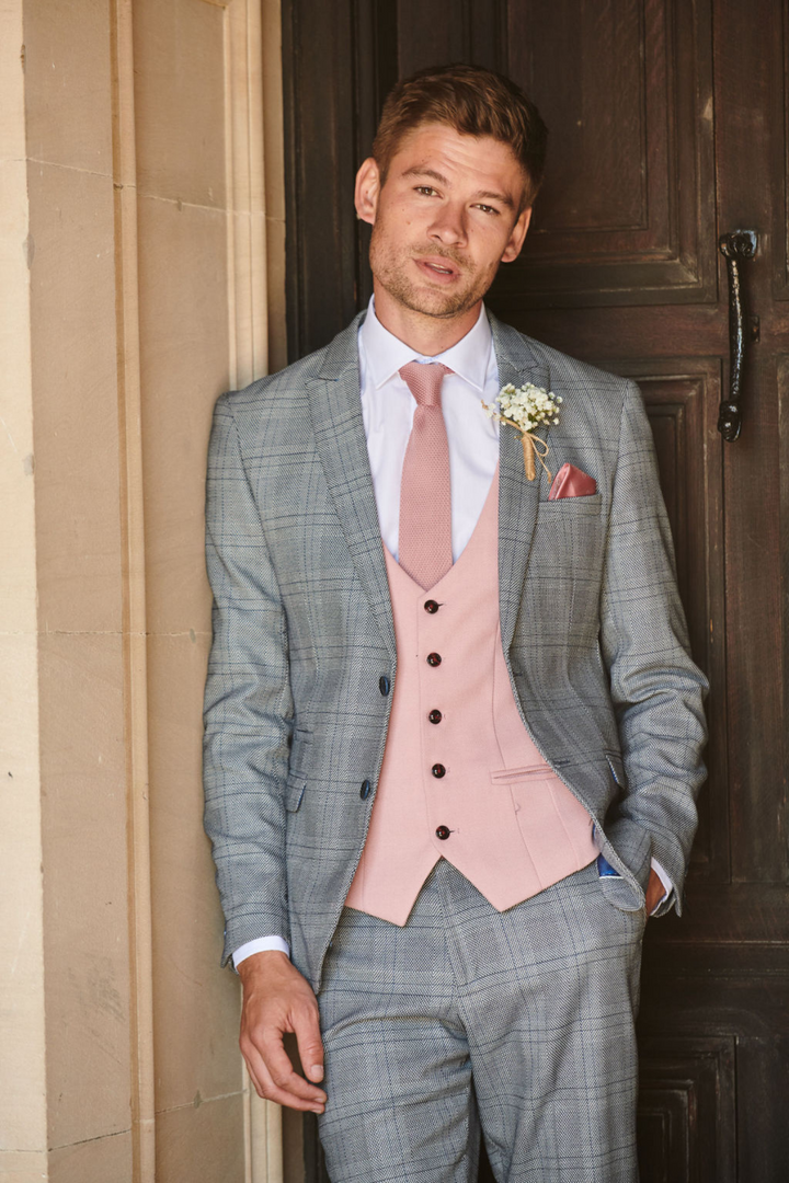 JERRY - Grey Check Suit With Kelvin Pink Waistcoat
