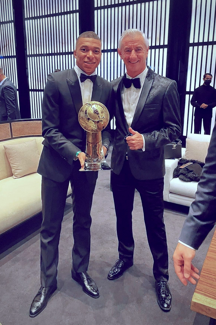 Ian Rush with Kylian Mbappé in Simon Black Velvet Blazer