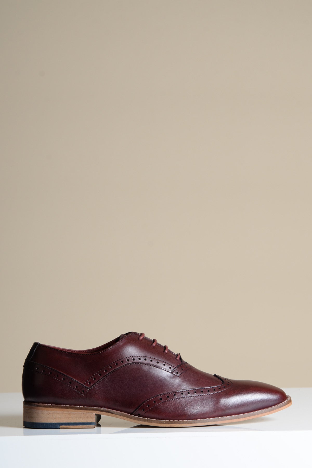 A single Marc Darcy DAWSON Bordeaux Burgundy Wingtip Oxford Brogue shoe with decorative perforations, lace-up closure, and a light brown sole is displayed on a white surface against a beige background.