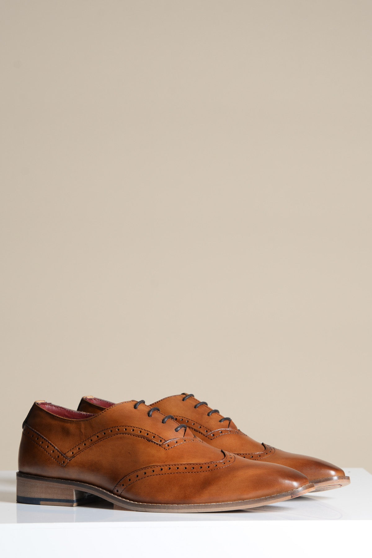 The Marc Darcy DAWSON Tan Wingtip Oxford Brogue Shoes, crafted from full grain leather with decorative perforations and black laces, are displayed side by side on a white surface against a beige background.