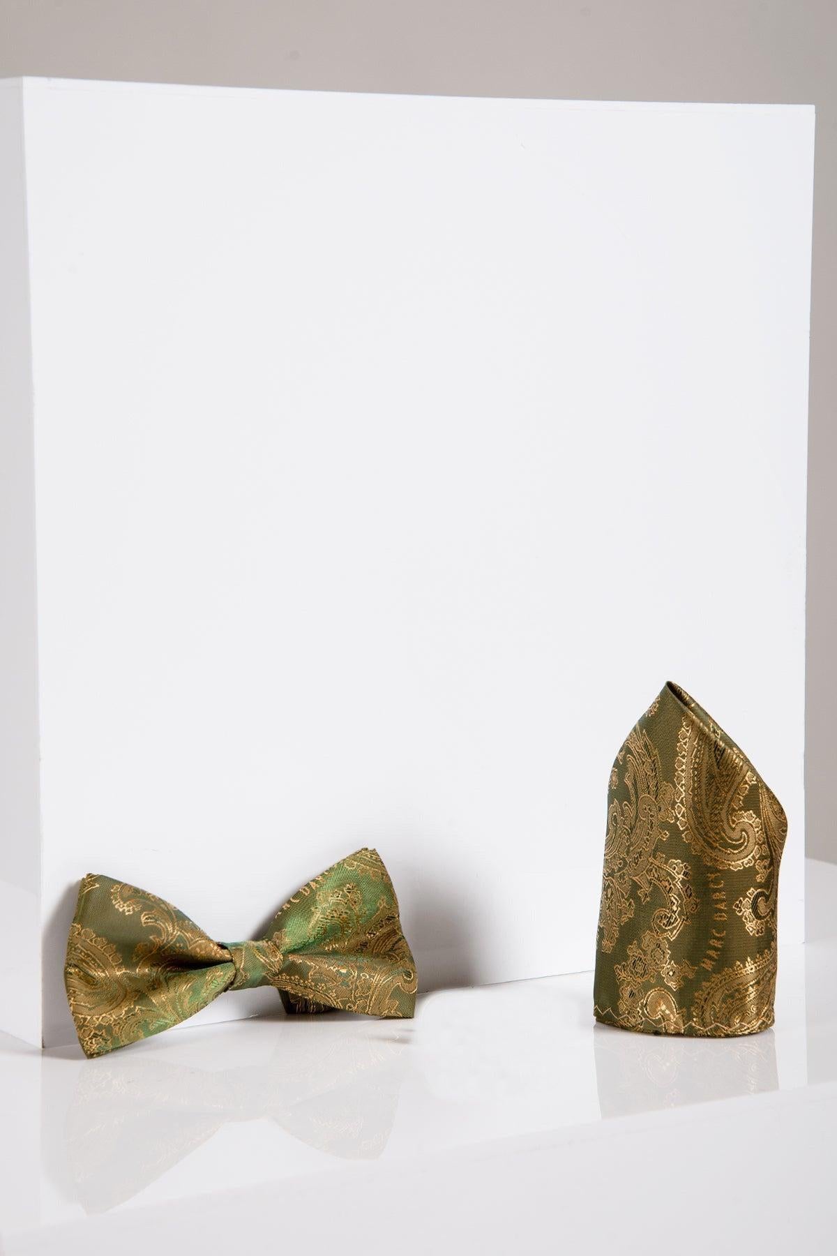 The MD PAISLEY Tan Paisley Bow Tie and Pocket Square Set by Accessory is displayed against a white background, perfect for pairing with a Ted suit.