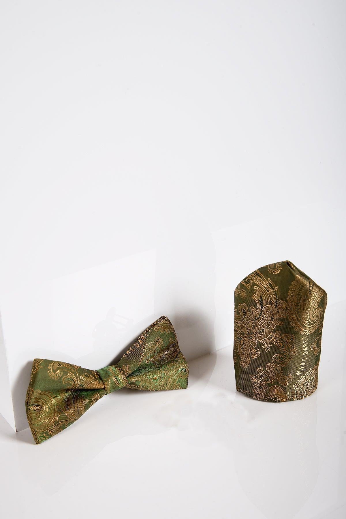 The Accessory MD PAISLEY Tan Paisley Bow Tie and Pocket Square Set features intricate gold patterns, shown on a plain white background—an ideal accent for a Ted suit.