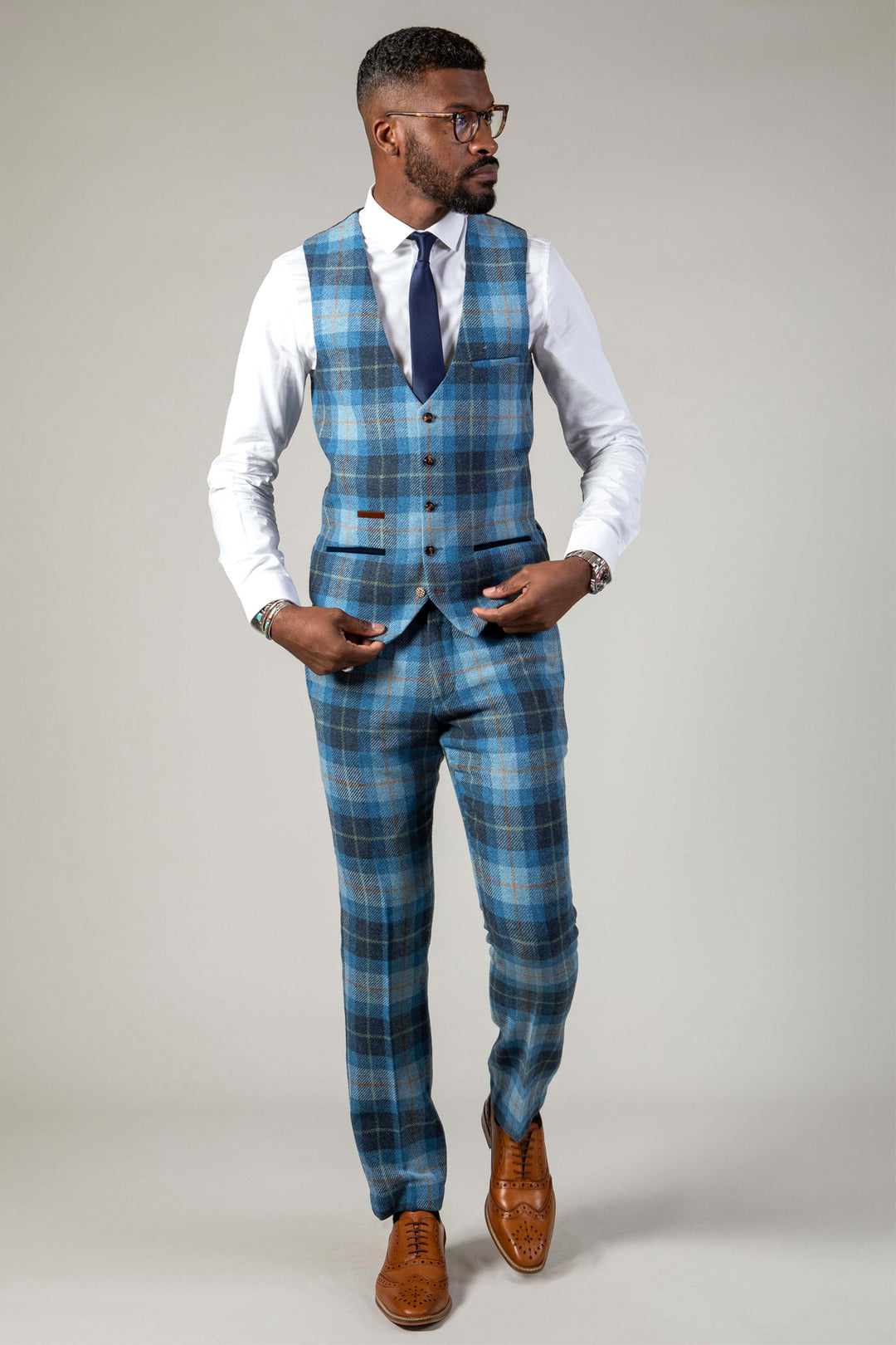 MORRIS - Blue Tweed Check Waistcoat