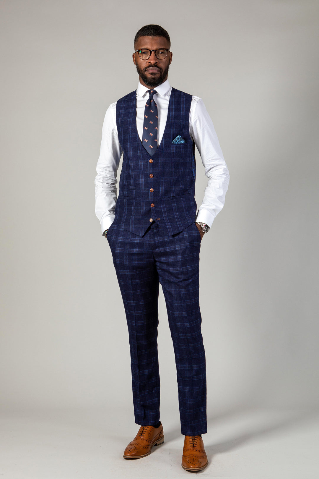 CHIGWELL - Blue Tweed Check Three Piece Suit