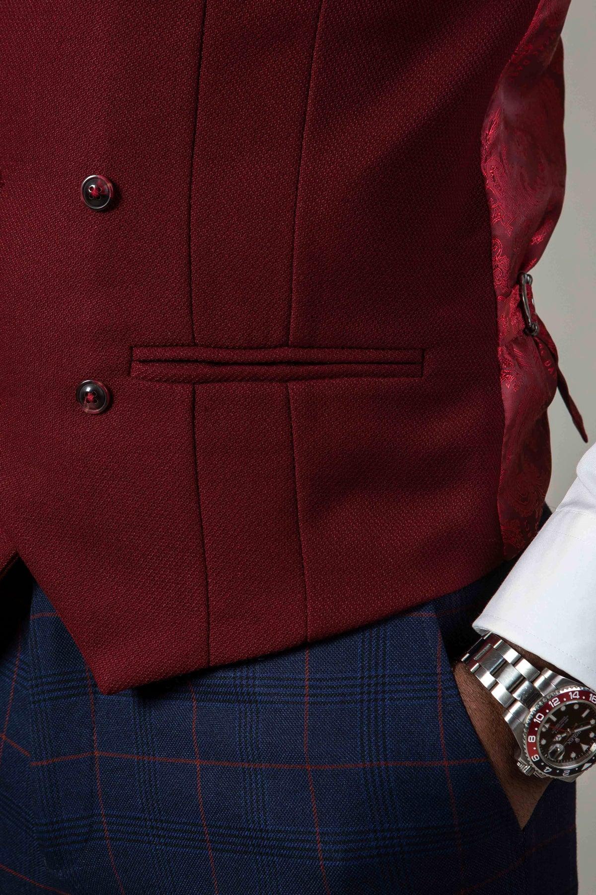 Close-up of a man wearing the marcdarcy KELVIN - Wine Double Breasted Waistcoat, styled with a white dress shirt, navy plaid trousers, and a watch on his wrist.