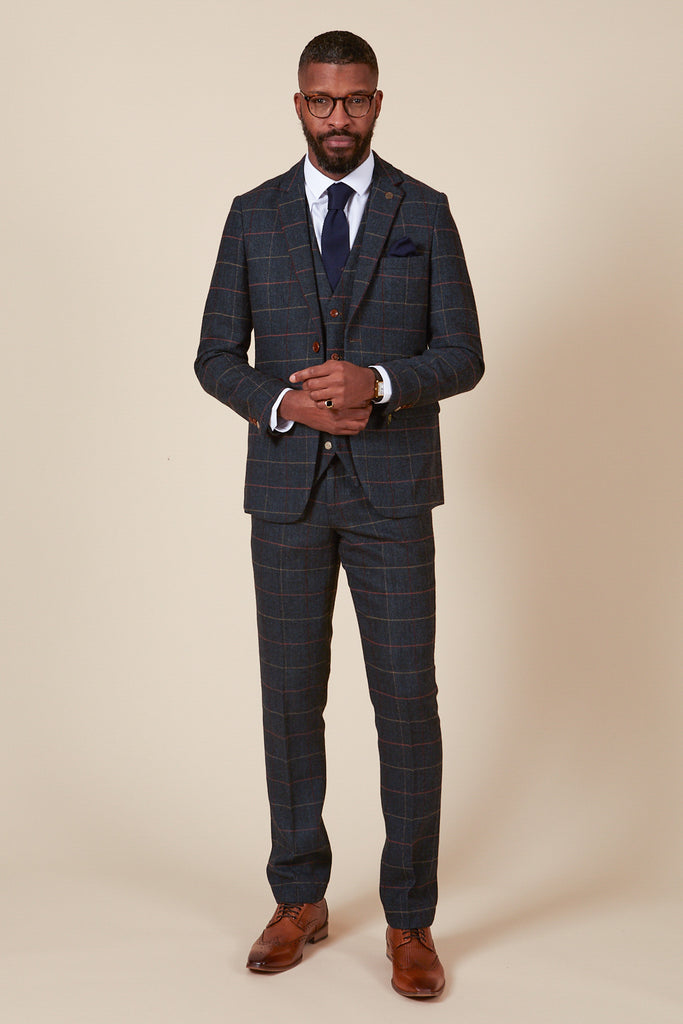 ETON Navy Blue Tweed Check Three Piece Suit