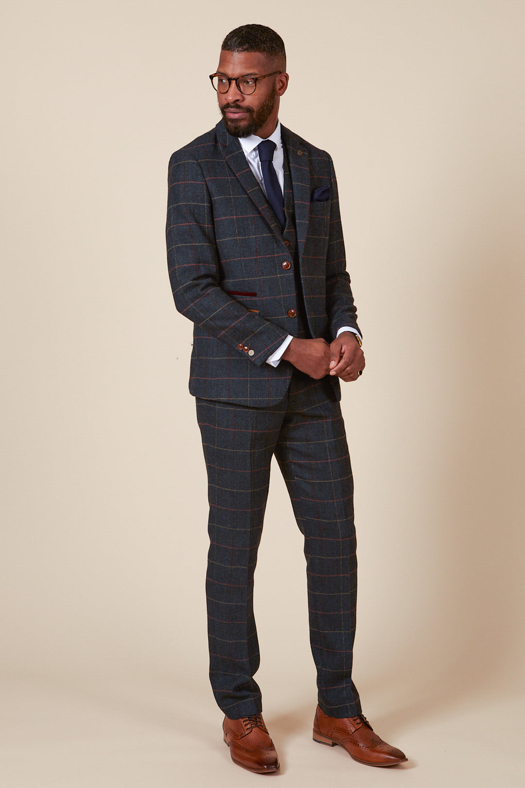 ETON Navy Blue Tweed Check Three Piece Suit