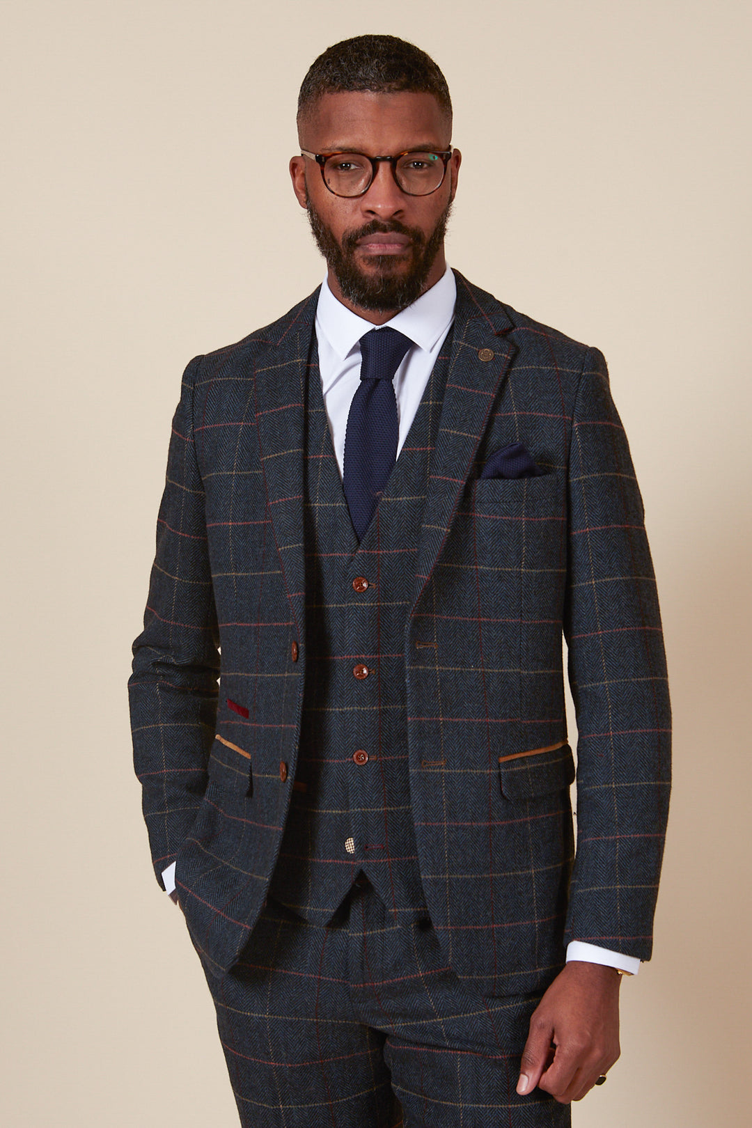 ETON Navy Blue Tweed Check Three Piece Suit