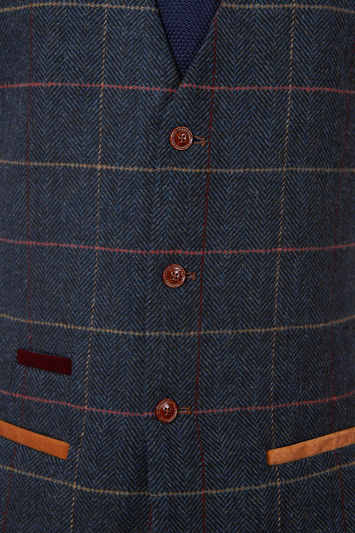 The marcdarcy ETON Single Breasted Navy Blue Tweed Check Waistcoat features a plaid pattern with red and tan accents, three round brown buttons, and tan suede-trimmed pockets for a refined vintage look.