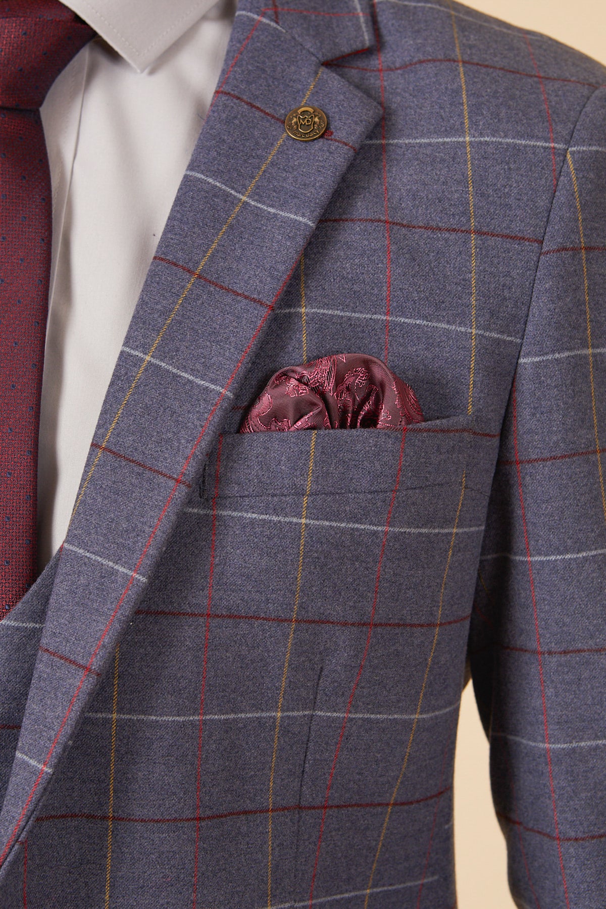 A close-up of a person wearing the marcdarcy DRAKE - Sky Blue Check Three Piece Suit, paired with a white shirt, burgundy tie, and matching pocket square—ideal for any formal occasion.