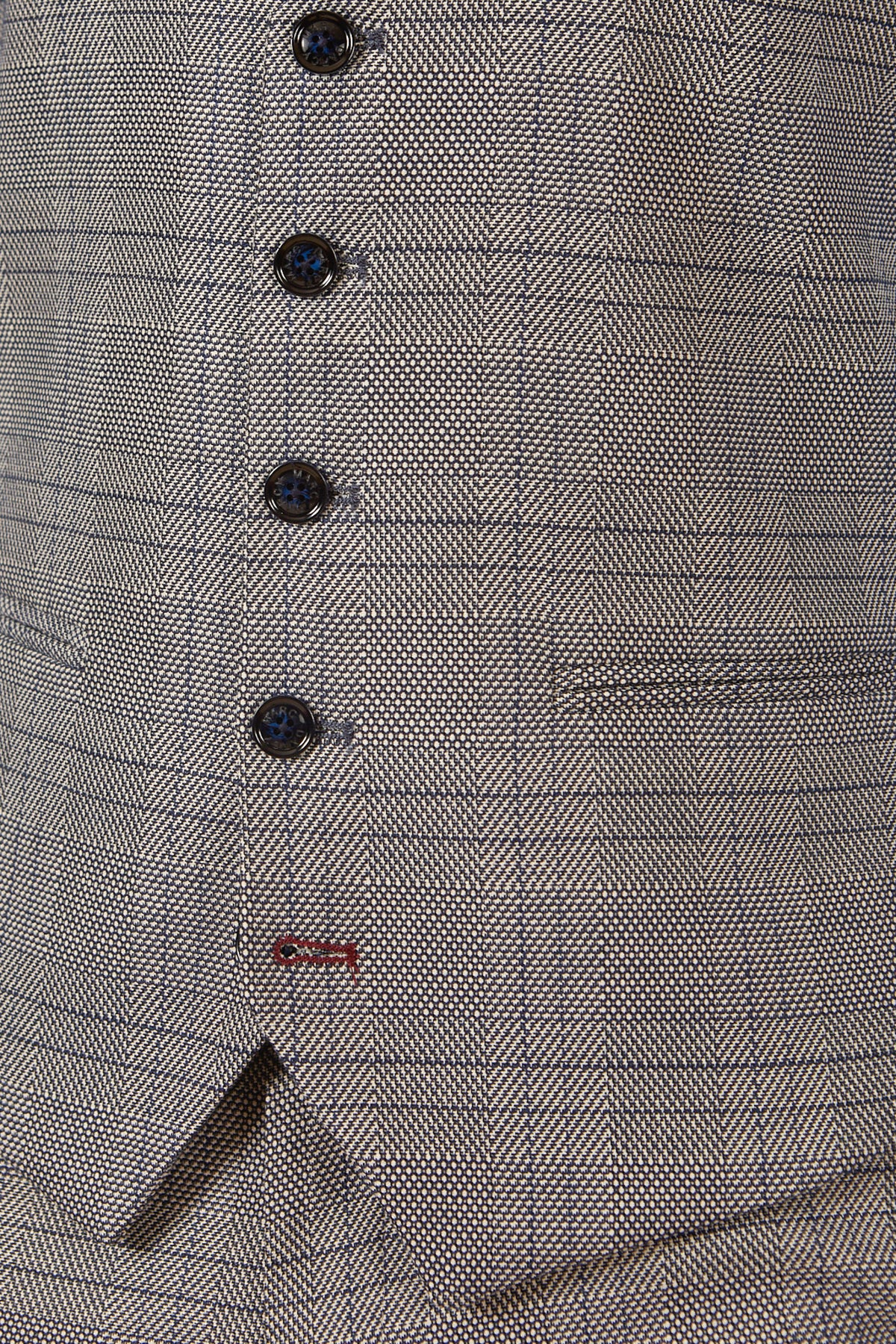 Close-up of the marcdarcy JERRY grey check single-breasted waistcoat, visible beneath a beige plaid suit jacket and matching pants, featuring dark buttons and fine textured details.