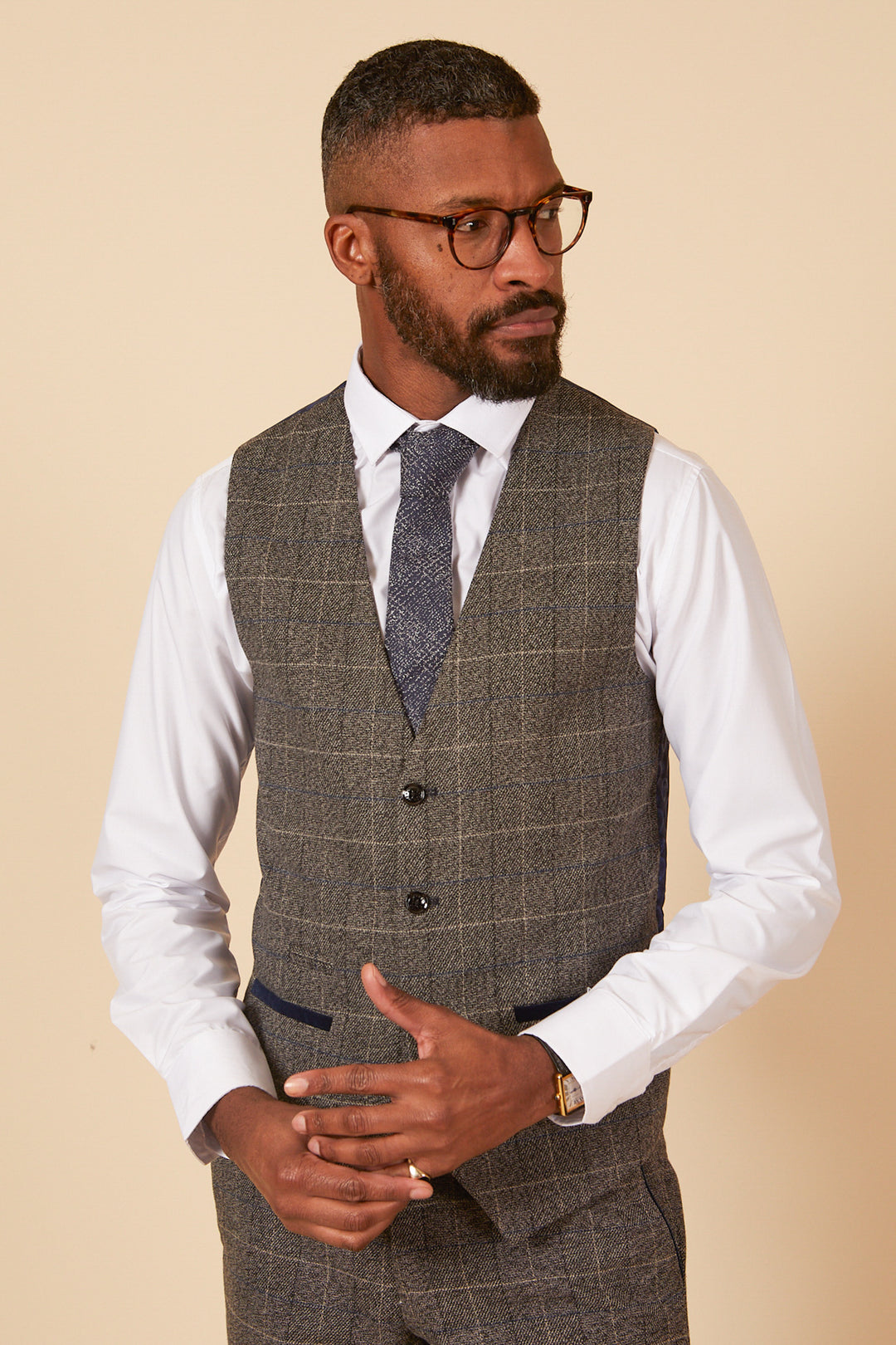 LEN SCOTT Grey Tweed Check Waistcoat - Main Image
