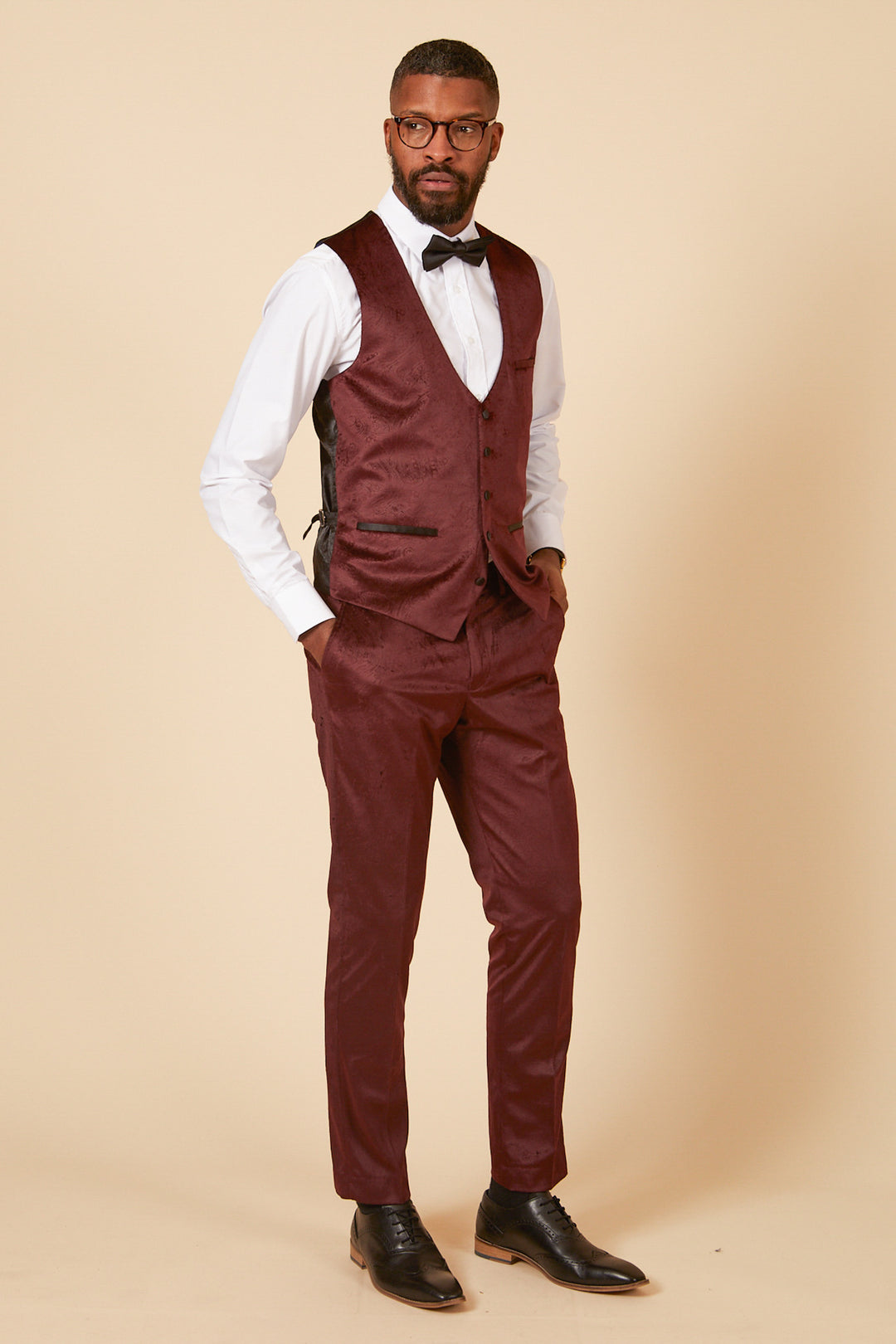 SIMON - Wine Velvet Jacquard Three Piece Suit