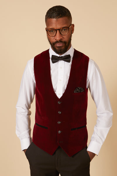 HUDSON Wine Velvet Jacquard Waistcoat Marc Darcy