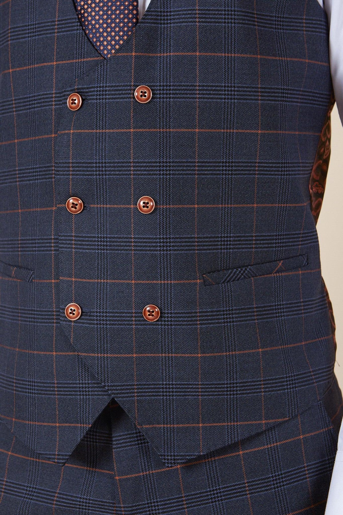 Close-up of the marcdarcy JENSON Marine Navy Check Double Breasted Waistcoat, featuring orange and black Prince of Wales checks and brown buttons.