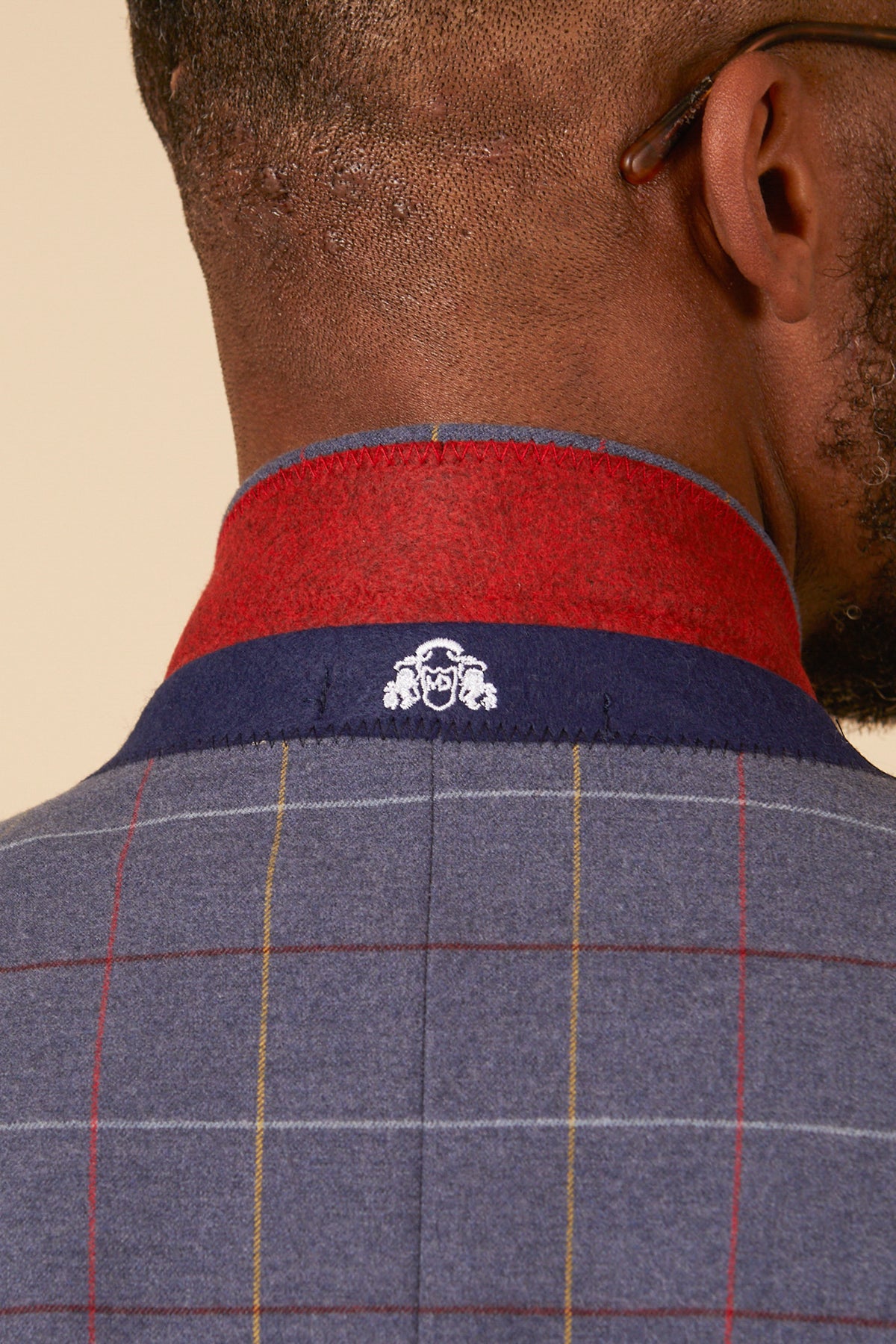 Close-up of a man's head and shoulders, showcasing the marcdarcy DRAKE - Sky Blue Check Three Piece Suit—ideal for layering with its refined plaid design and subtle detailing at any formal occasion.