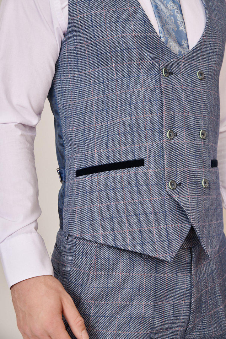 HILTON - Blue Tweed Check Double Breasted Waistcoat