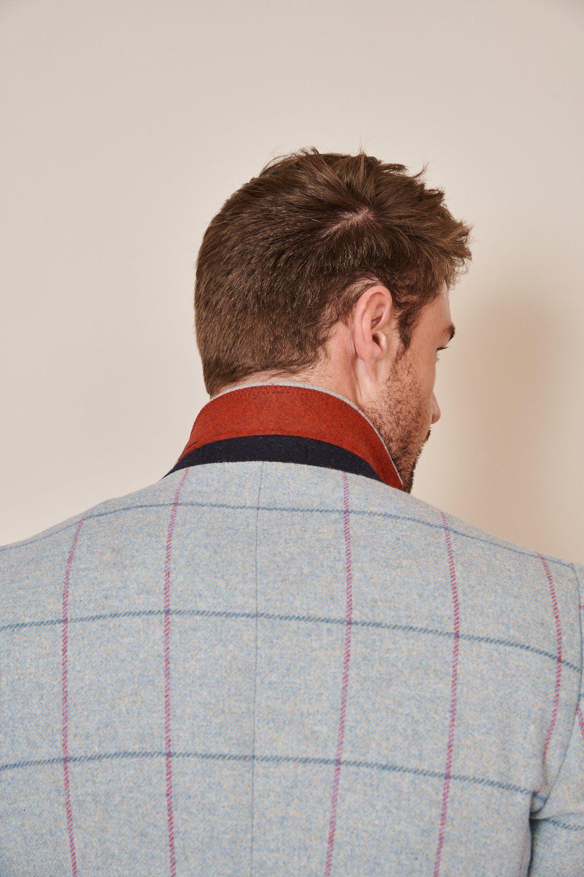A man with short brown hair is seen from behind, wearing the Marc Darcy NICOLAS - Sky Check Tweed Blazer featuring a slim fit, light blue plaid with thin red lines and a red collar detail against a plain light background.