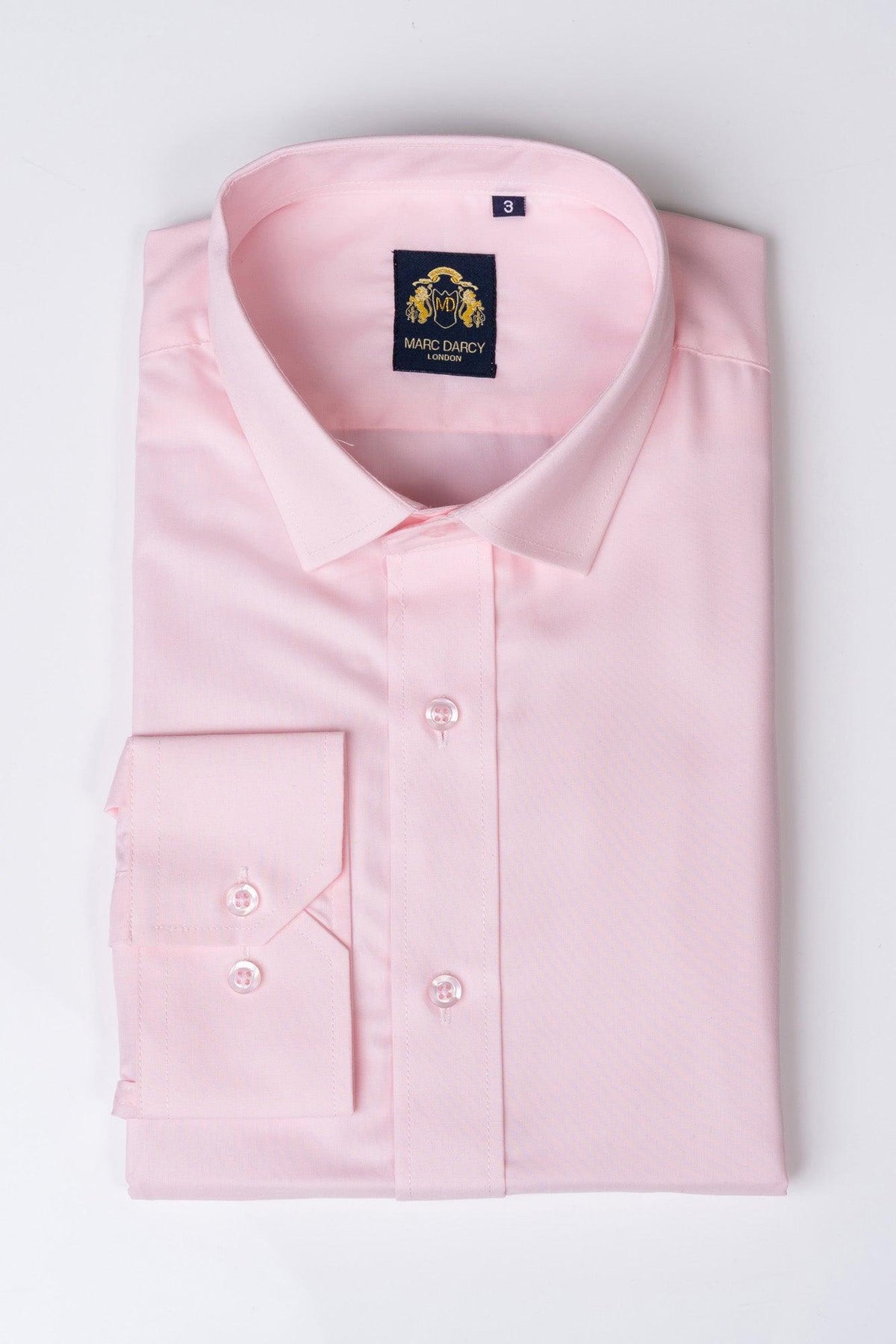 The CARTER Pink Long Sleeve Shirt by Marc Darcy is a classic fit formalwear piece featuring a navy blue logo tag on the collar.