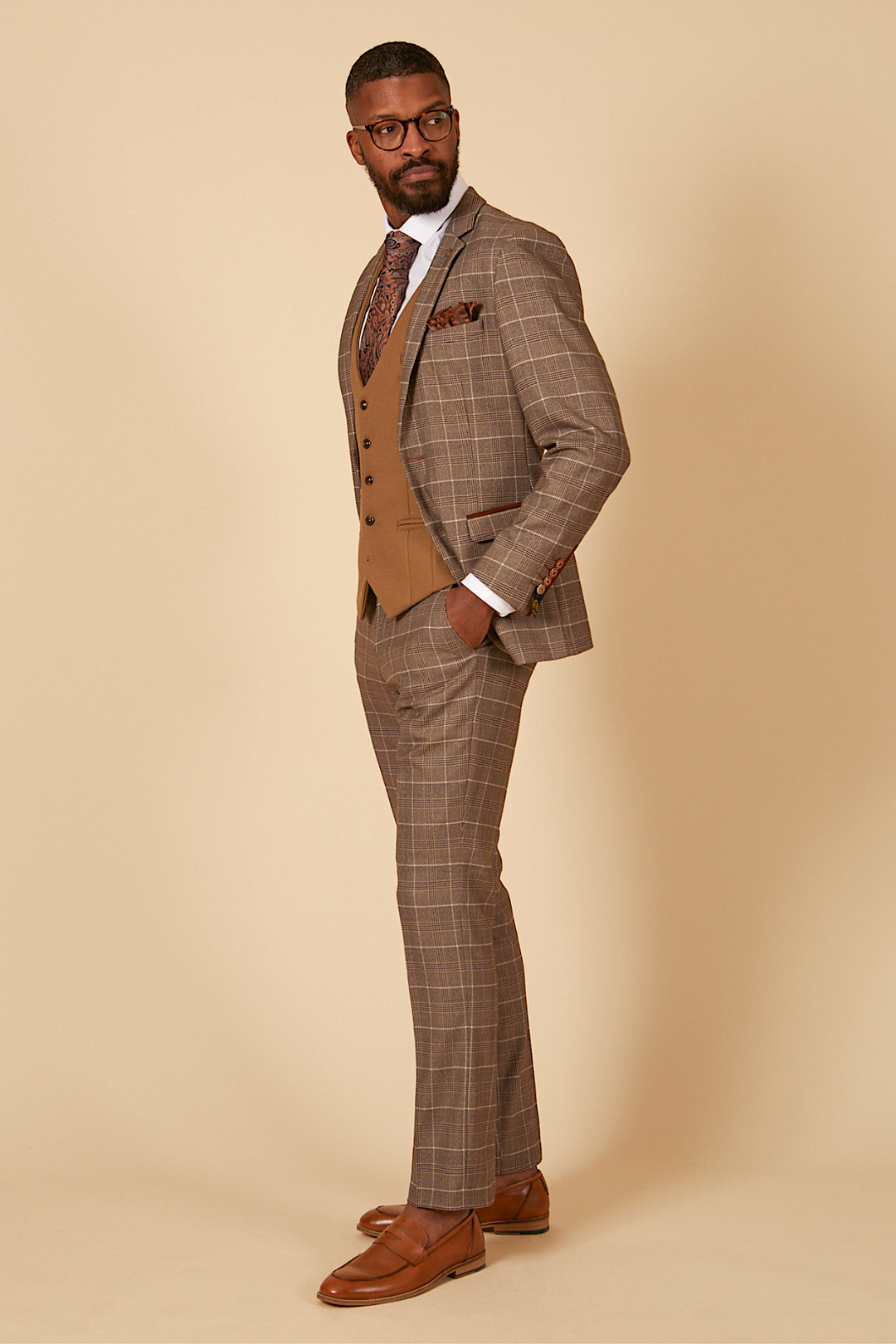 RAY - Tan Check Suit With Kelvin Tan Waistcoat