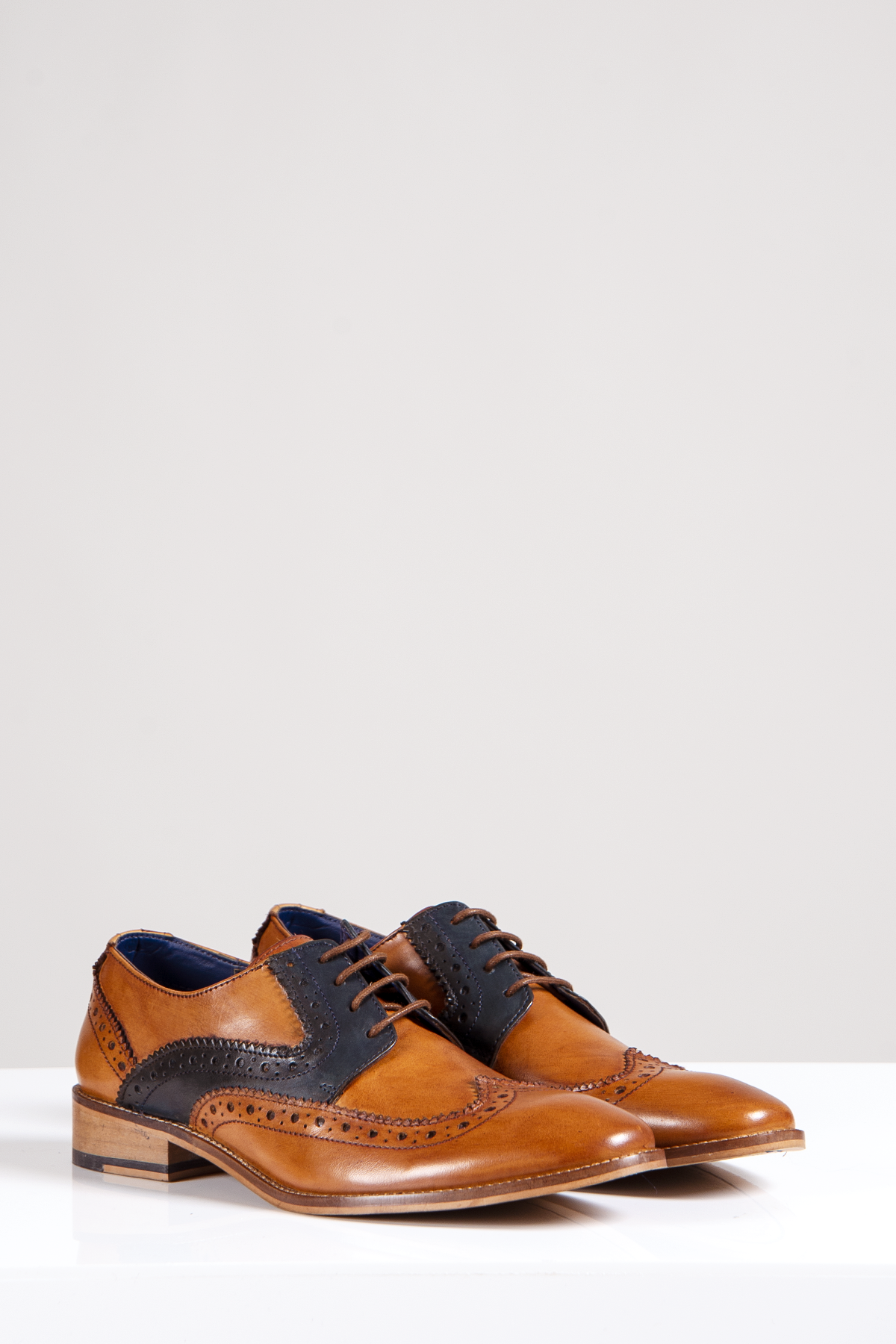 A pair of Marc Darcy RILEY tan and navy leather contrast Oxford brogue shoes.
