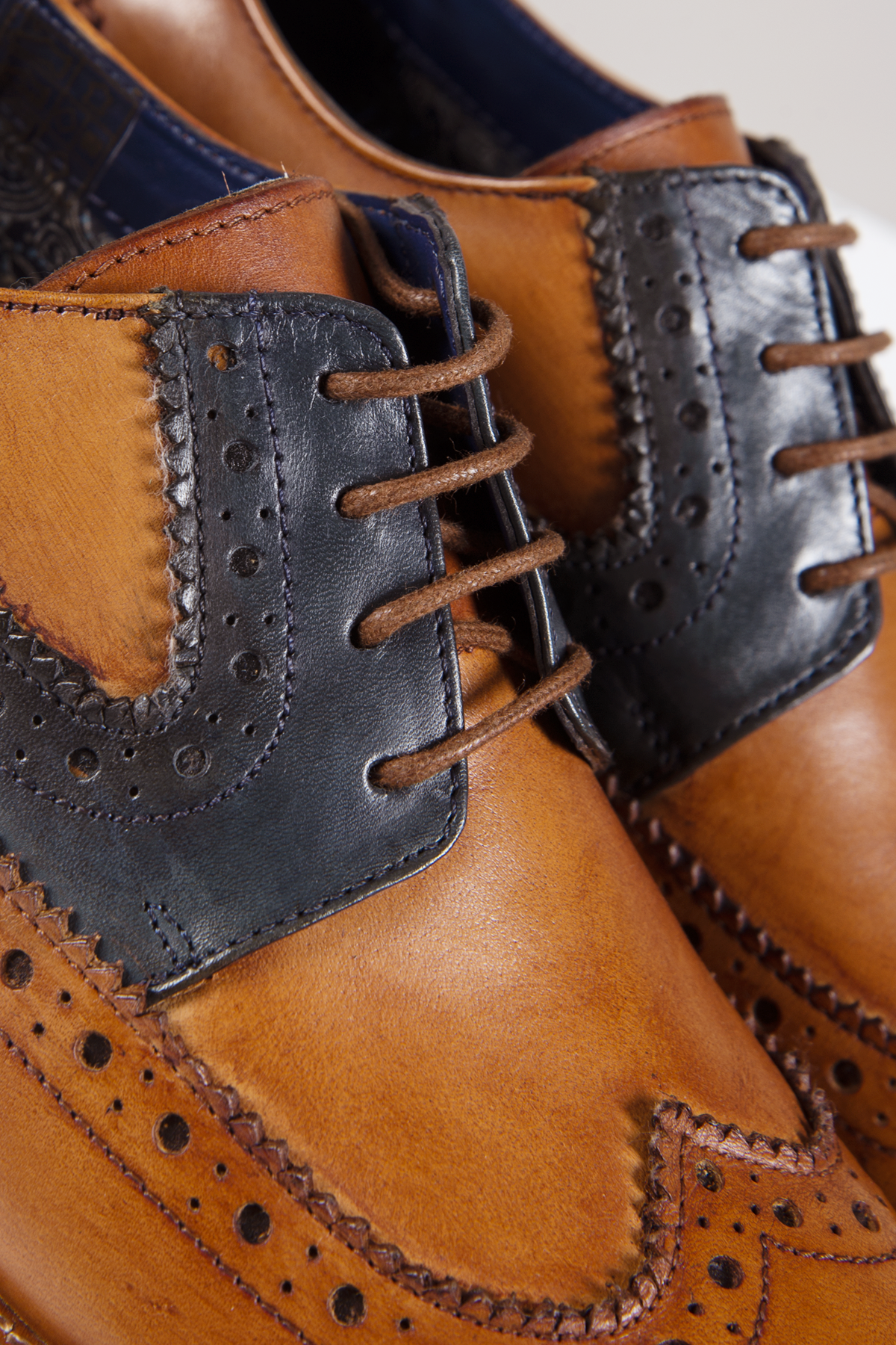 Close-up of the Marc Darcy RILEY Tan Navy Leather Contrast Oxford Brogue Shoe, featuring detailed perforations, decorative stitching, laces, and a classic polished look.