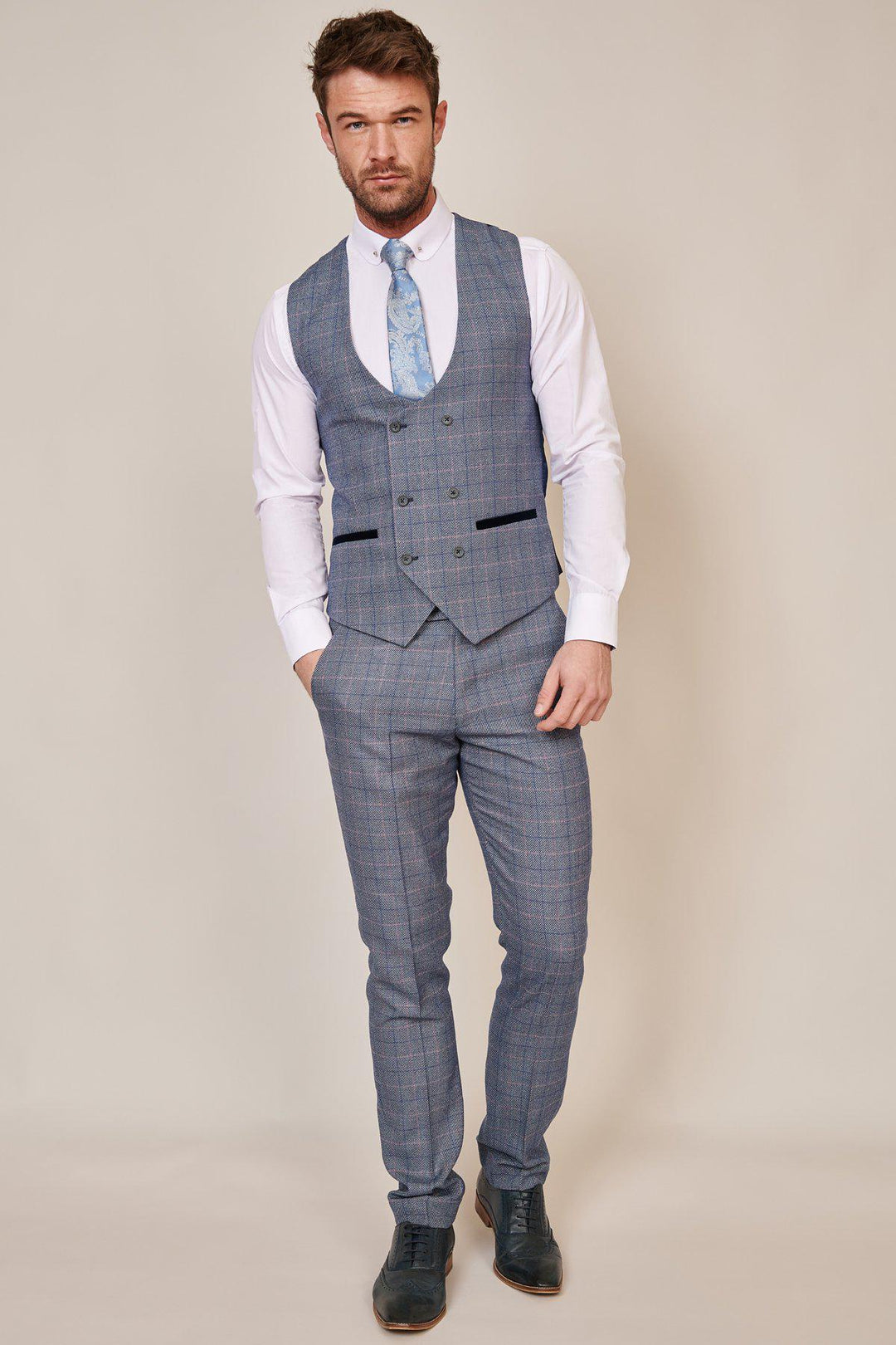 HILTON - Blue Tweed Check Double Breasted Waistcoat