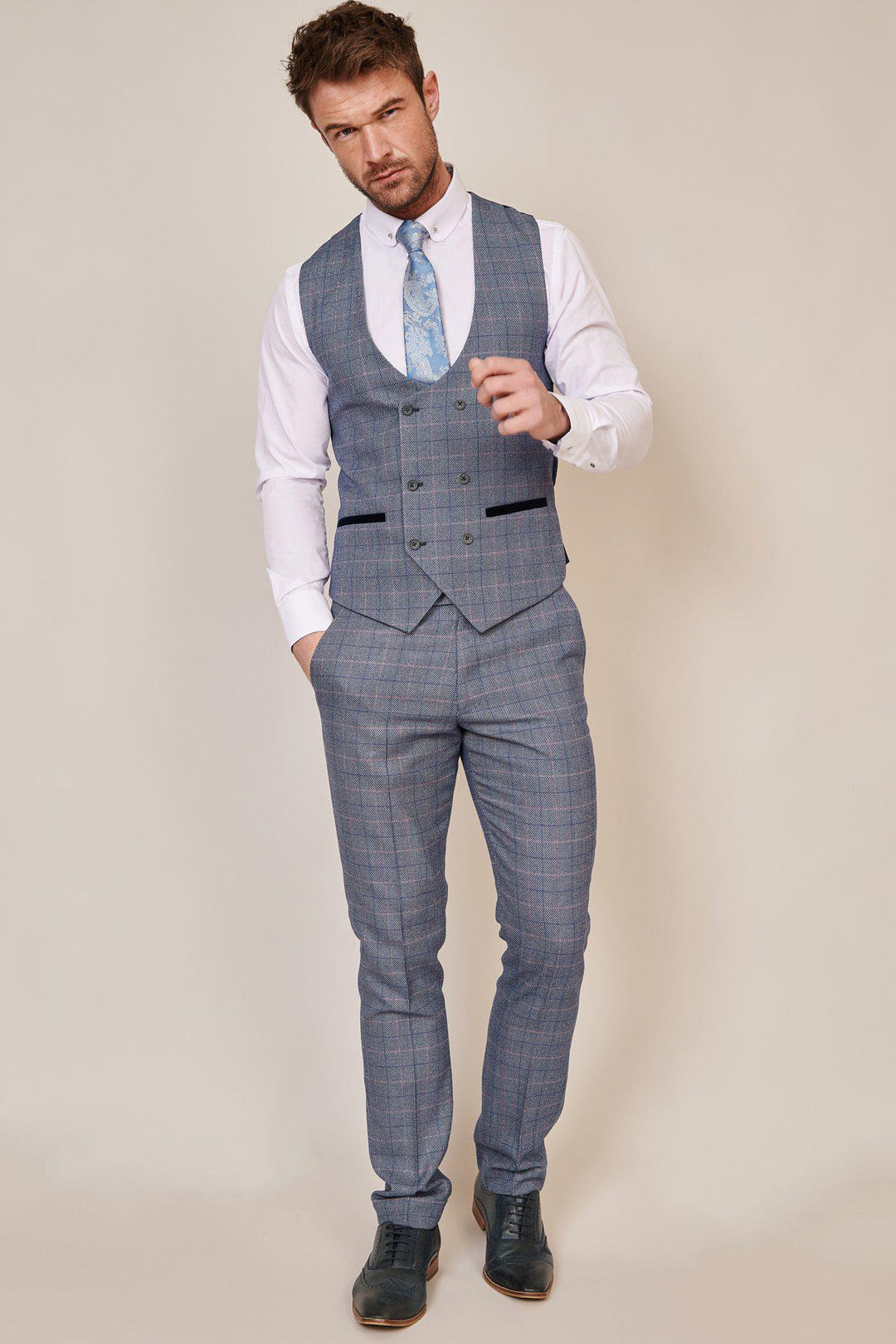 HILTON - Blue Tweed Check Double Breasted Waistcoat