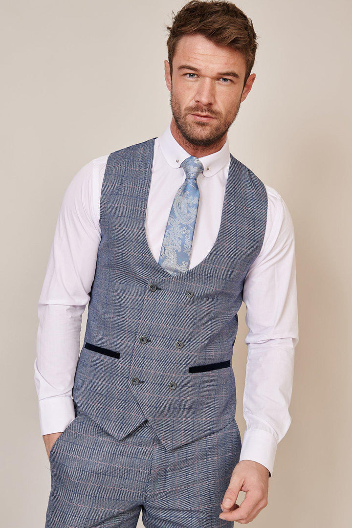 HILTON - Blue Tweed Check Double Breasted Waistcoat