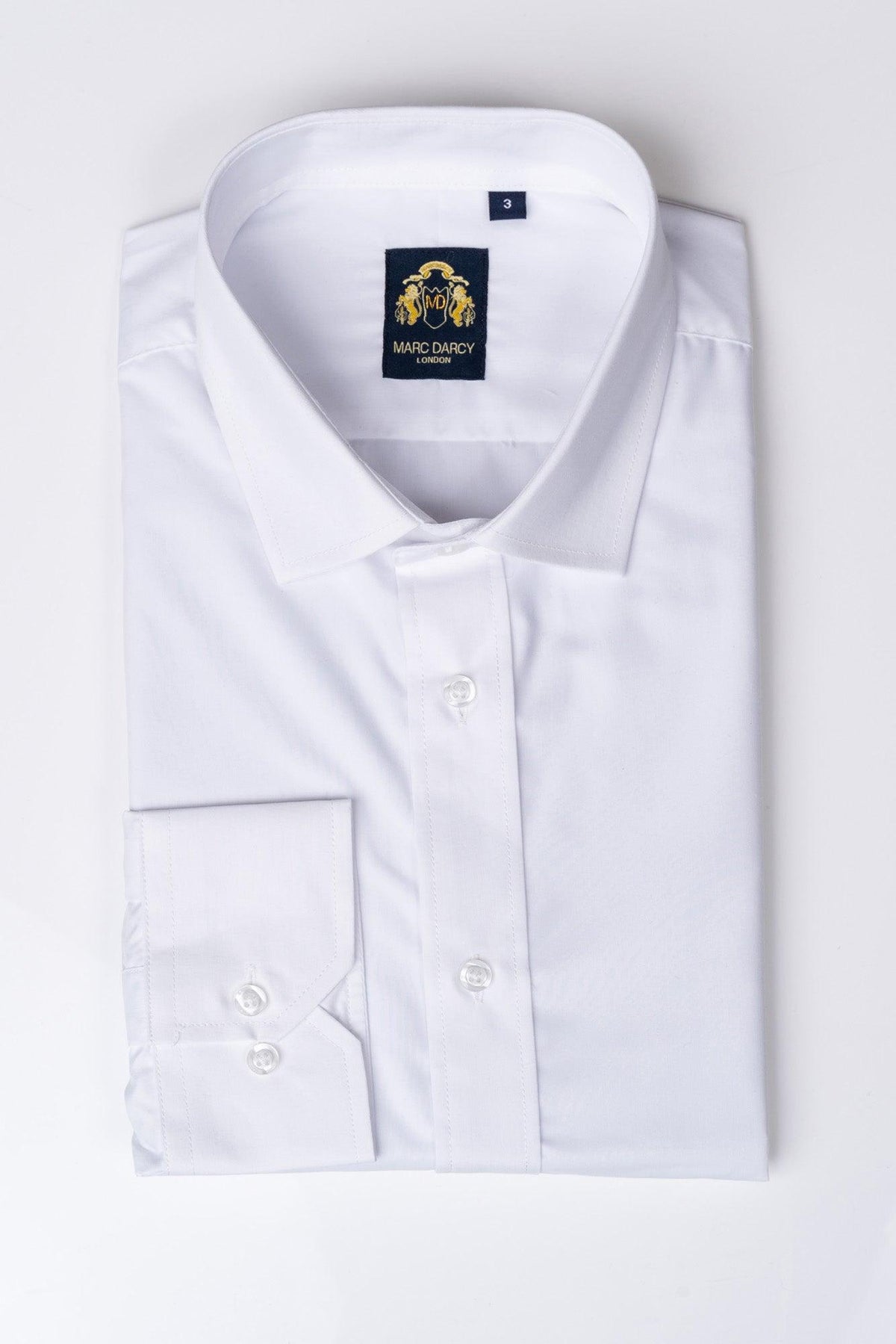 The CARTER White Long Sleeve Shirt by Marc Darcy features a classic fit, spread collar, white buttons, and a gold-logo inside label. Elegantly presented on a white background.