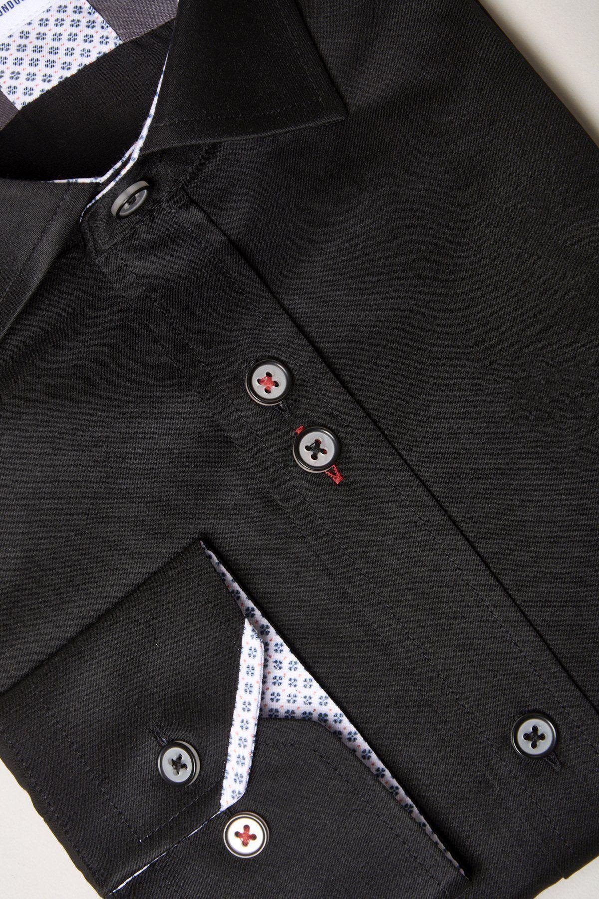 A close-up of the Marc Darcy ALFIE black long sleeve shirt, showcasing its sheen finish, patterned white and blue inner collar and pocket lining, and black buttons accented with red stitching.