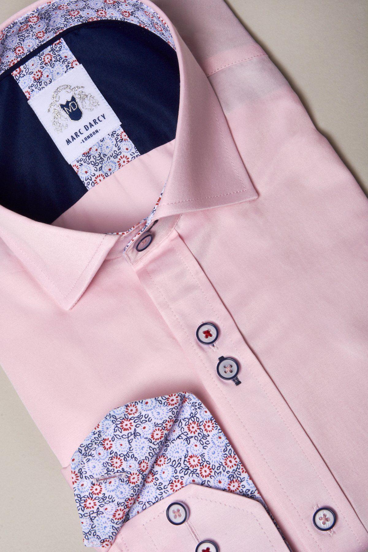 The ALFIE Pink Long Sleeve Shirt by Marc Darcy features a classic fit, floral inner collar, cuff, and pocket detailing, contrasting buttons, and a Marc Darcy label inside the collar.