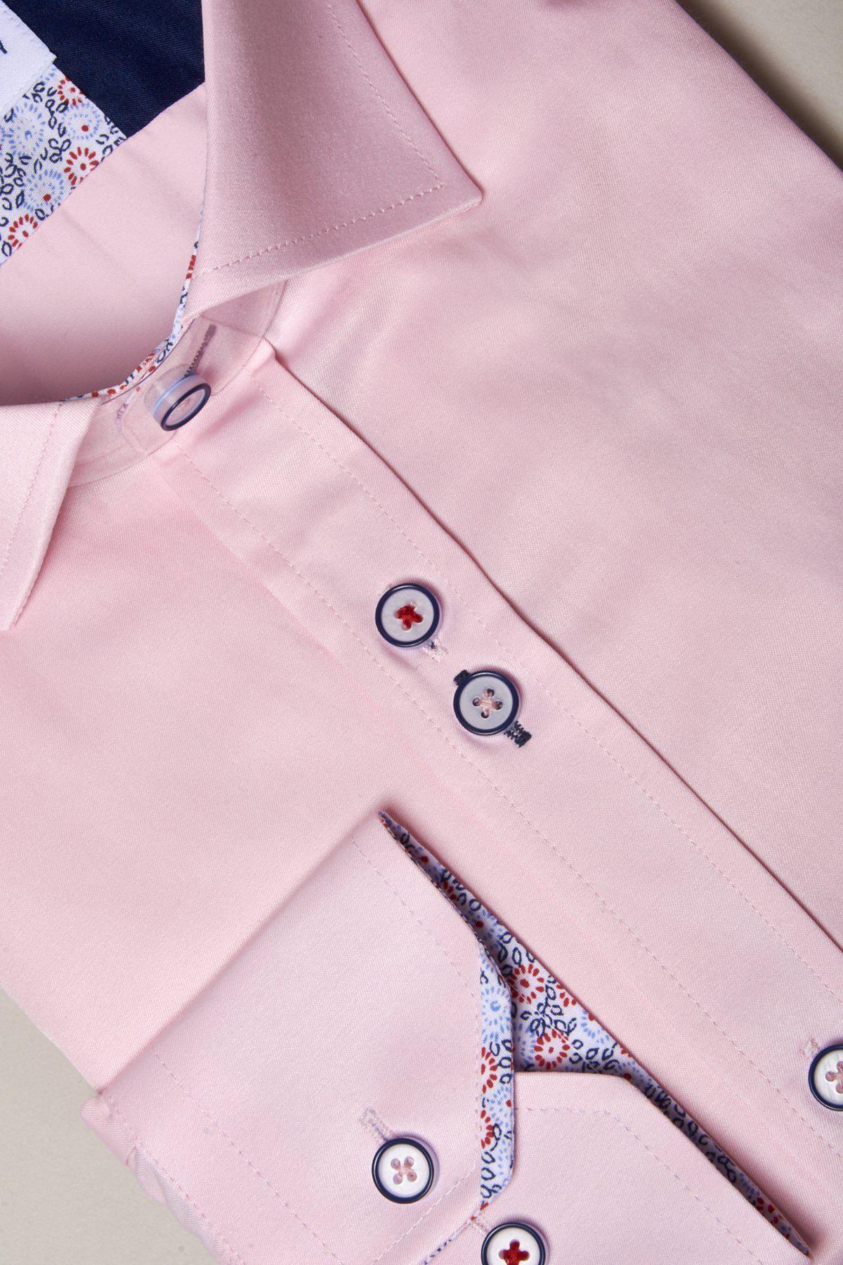 The Marc Darcy ALFIE Pink Long Sleeve Shirt features a classic fit, patterned floral collar lining, and navy buttons with red accents.