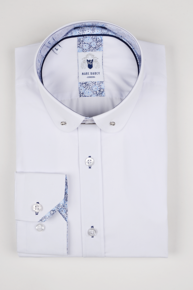 Benson White Penny Collar Shirt with Collar Bar | Marc Darcy