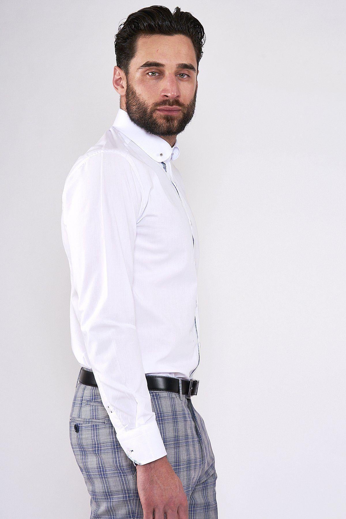 A man with dark hair and a beard faces the camera in a marcdarcy BENSON White Penny Collar Shirt With Collar Bar, blue plaid trousers, and a black belt—ideal formalwear—posed against a plain white background.