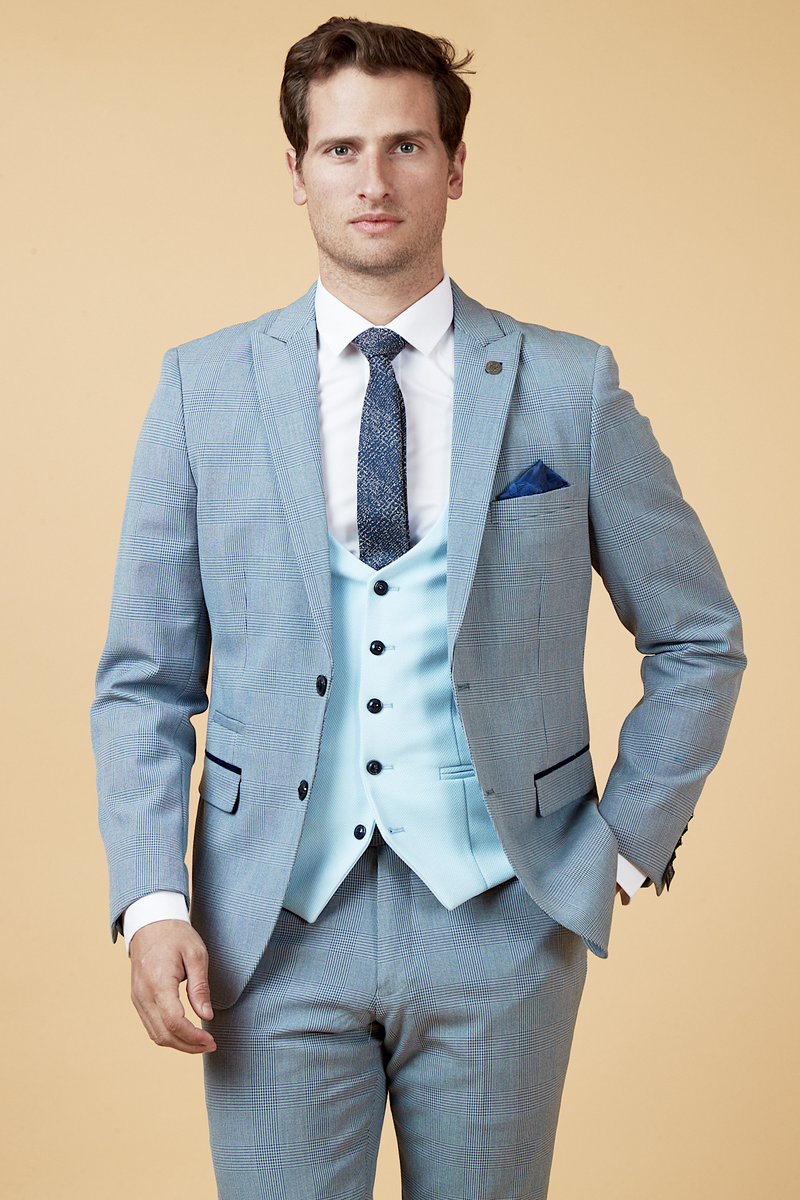 BROMLEY - Sky Check Suit with Kelvin Sky Waistcoat – Marc Darcy