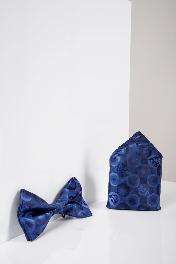 BUBBLES - Navy Bubble Circle Print Bow Tie and Pocket Square Set