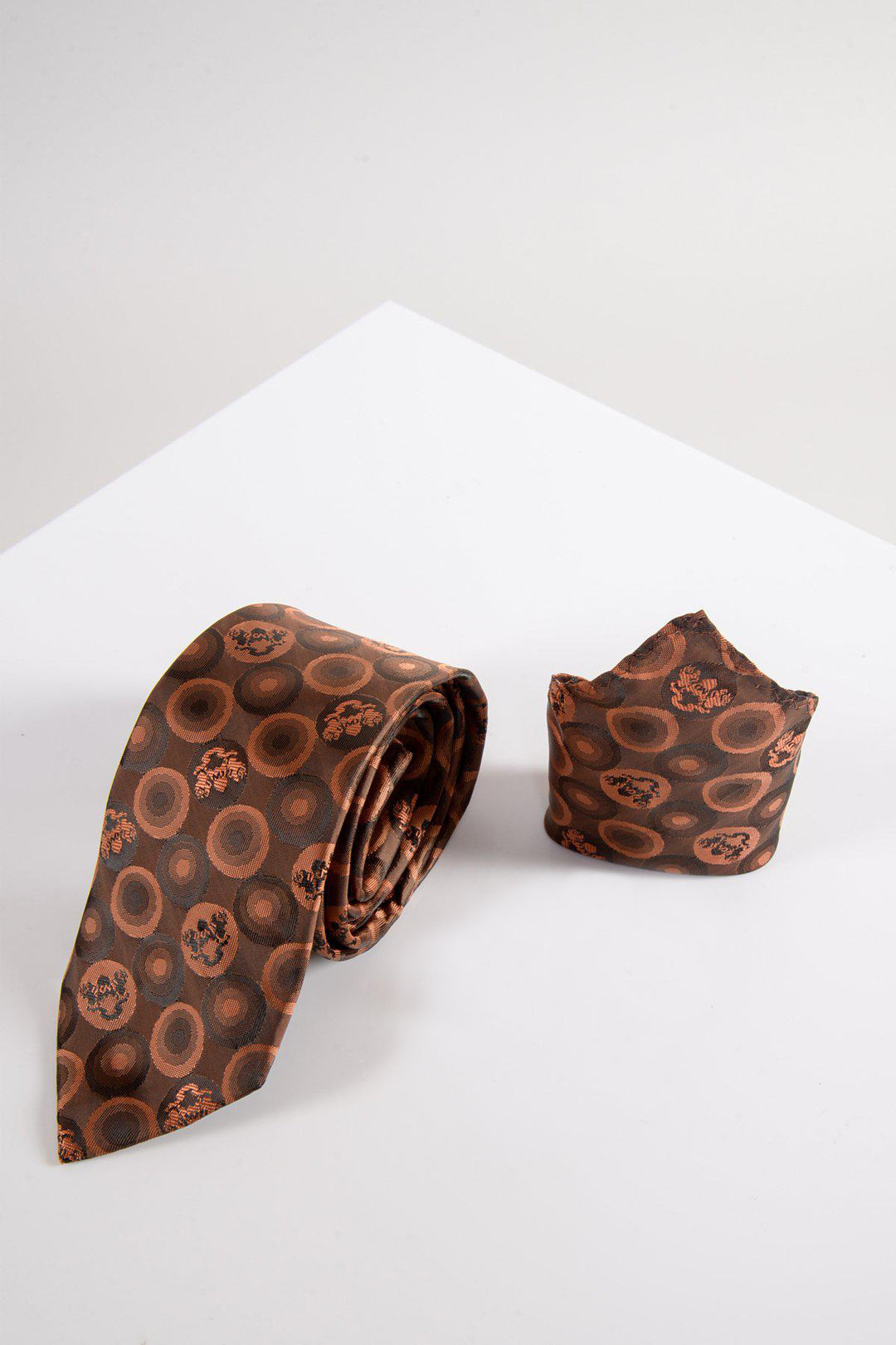 BUBBLES - Orange Brown Bubble Circle Print Tie and Pocket Square Set