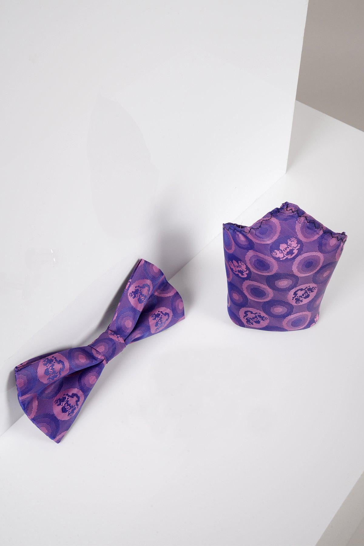The Marc Darcy BUBBLES Purple Bubble Circle Print Bow Tie and Pocket Square Set is displayed on a white surface, ideal for formal events and bringing elegance to your ensemble with its unique circular design.