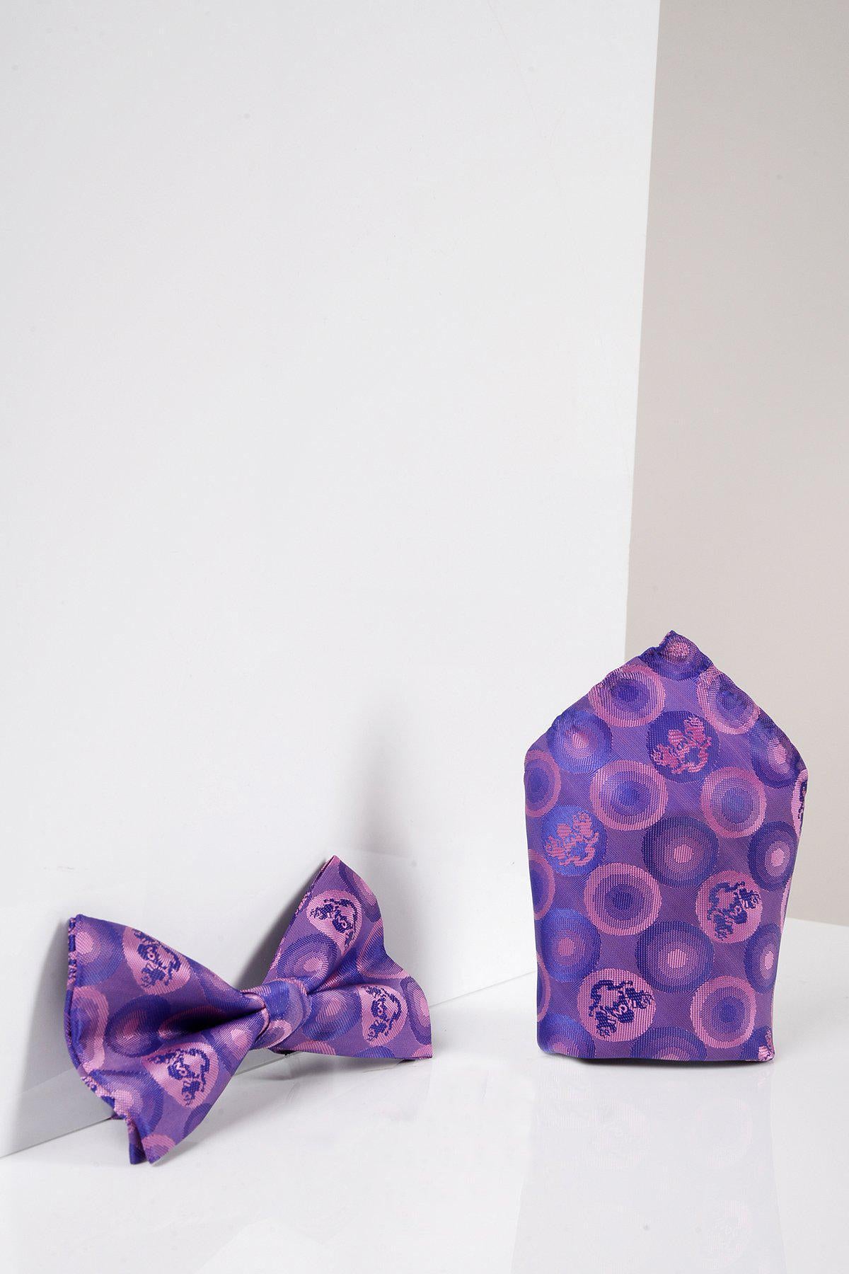 The Marc Darcy BUBBLES Purple Bubble Circle Print Bow Tie and Pocket Square Set, featuring purple and blue circular patterns, is ideal for formal events and is shown against a white background.